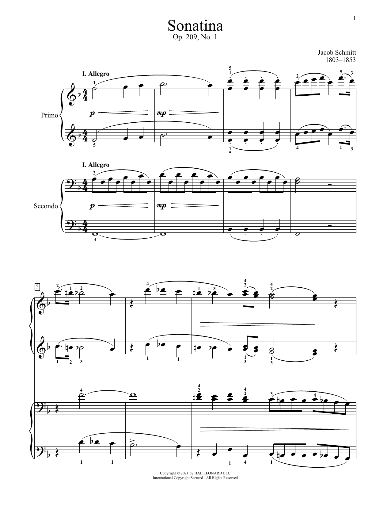 Jacob Schmitt Sonatina, Op. 209, No. 1, I. Allegro sheet music notes and chords arranged for Piano Duet