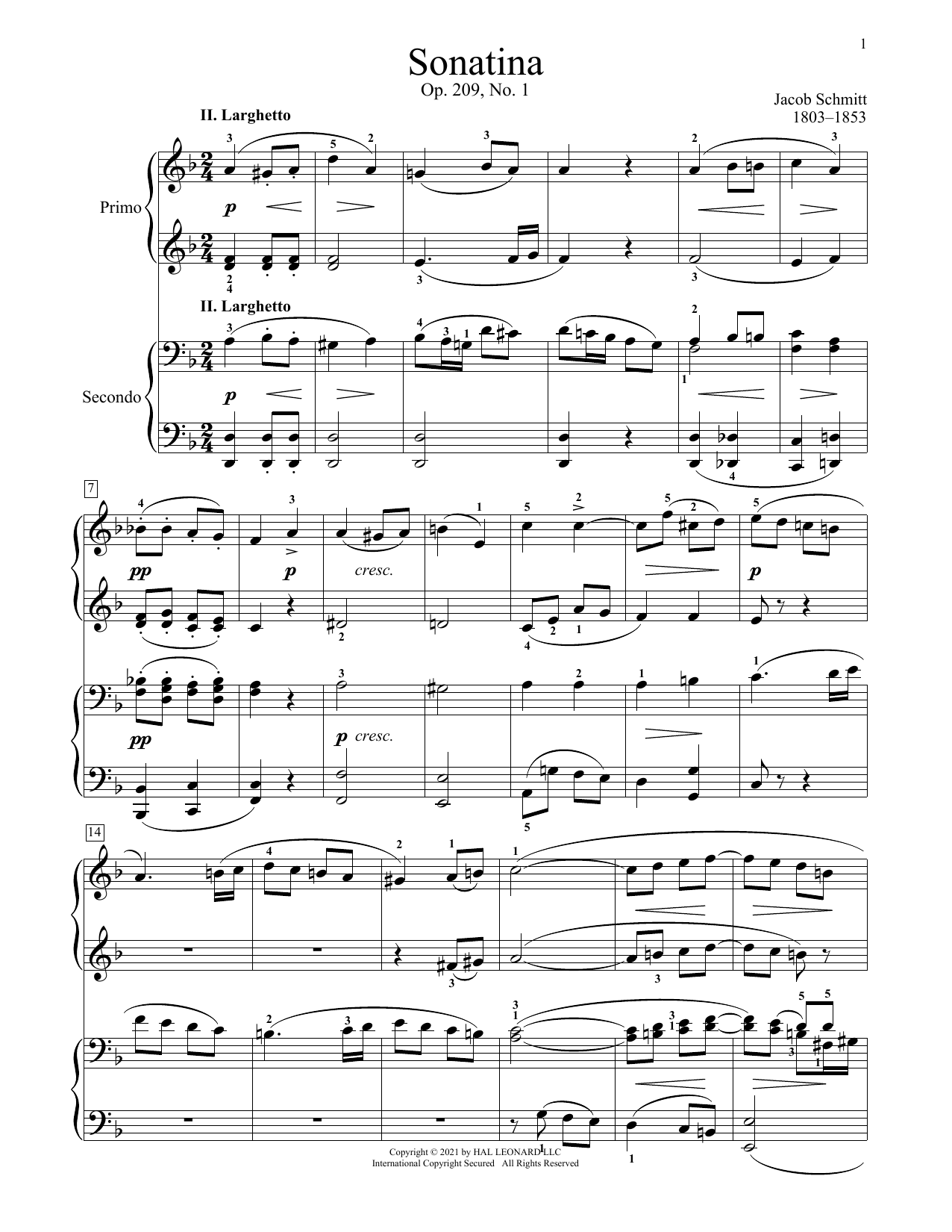 Jacob Schmitt Sonatina, Op. 209, No. 1, II. Larghetto sheet music notes and chords arranged for Piano Duet
