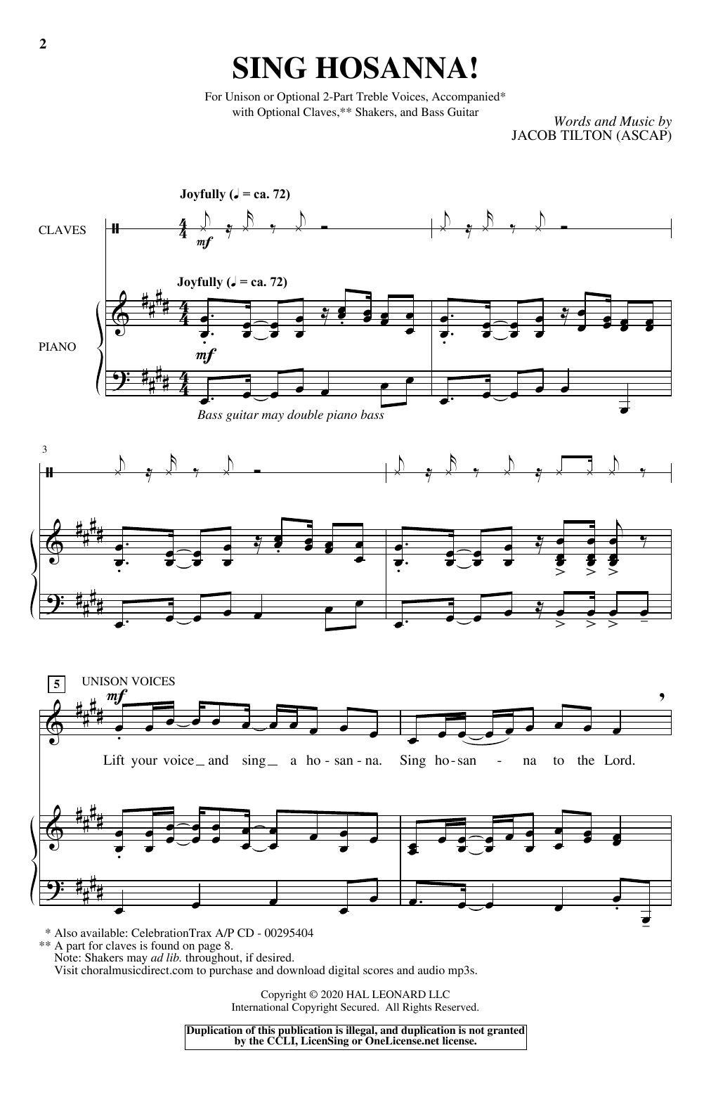 Jacob Tilton Sing Hosanna! sheet music notes and chords arranged for Unison Choir