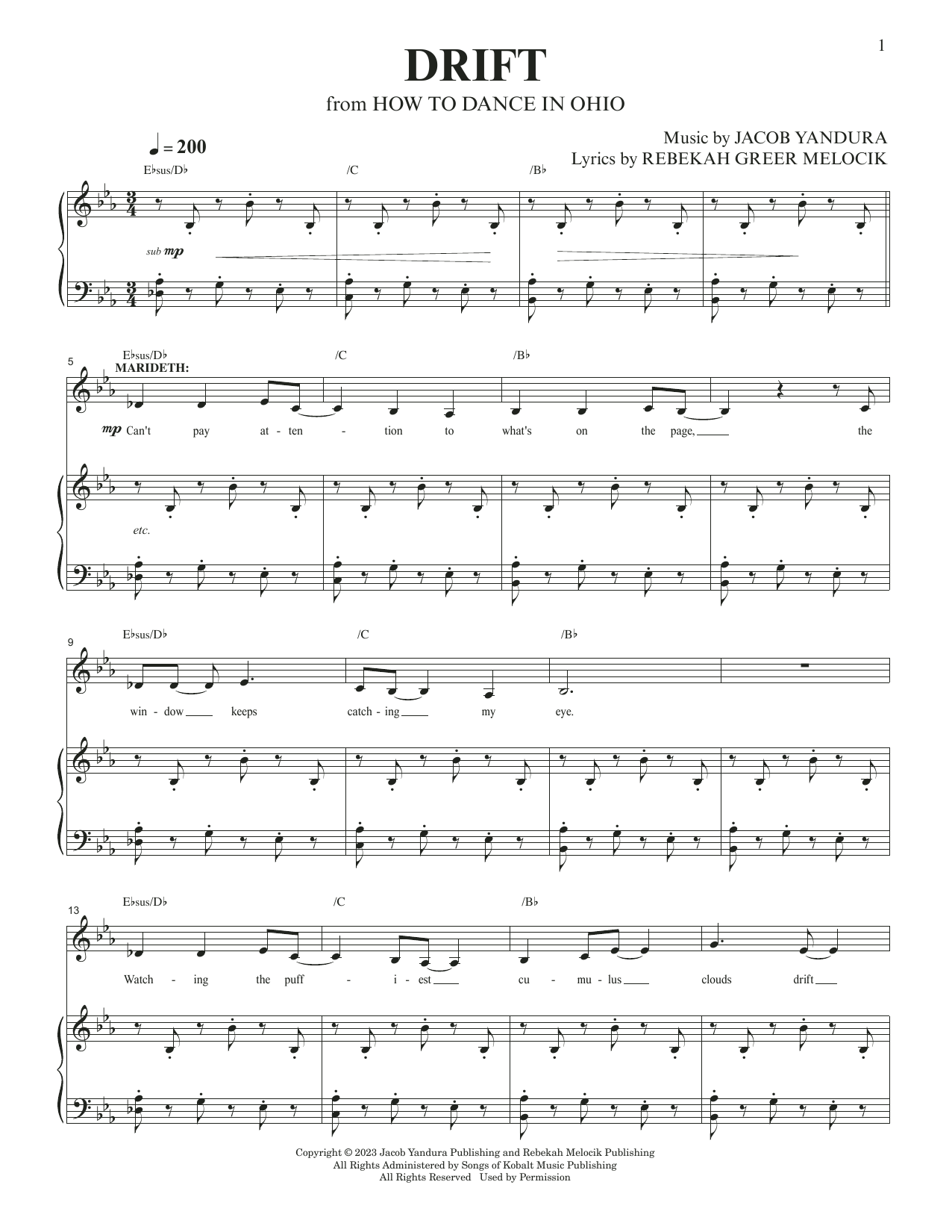 Jacob Yandura & Rebekah Greer Melocik Drift (from How To Dance In Ohio) sheet music notes and chords arranged for Piano & Vocal