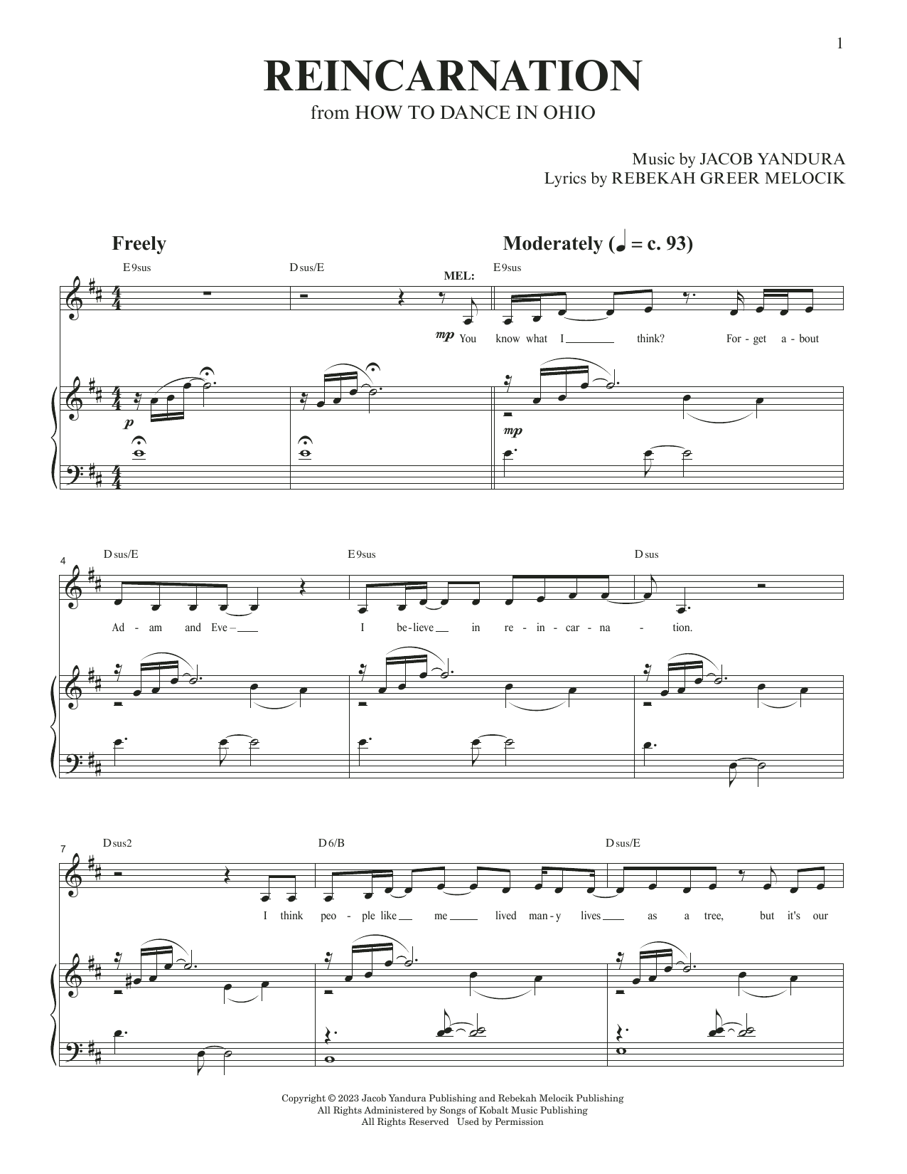 Jacob Yandura & Rebekah Greer Melocik Reincarnation (from How To Dance In Ohio) sheet music notes and chords arranged for Piano & Vocal