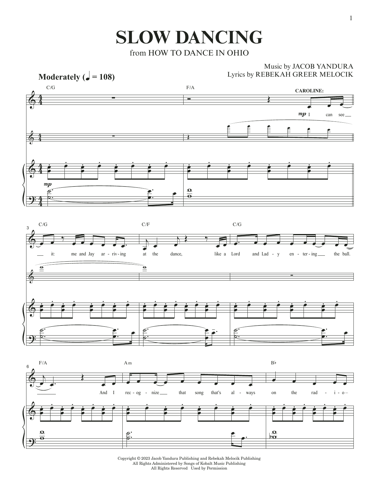 Jacob Yandura & Rebekah Greer Melocik Slow Dancing (from How To Dance In Ohio) sheet music notes and chords arranged for Piano & Vocal