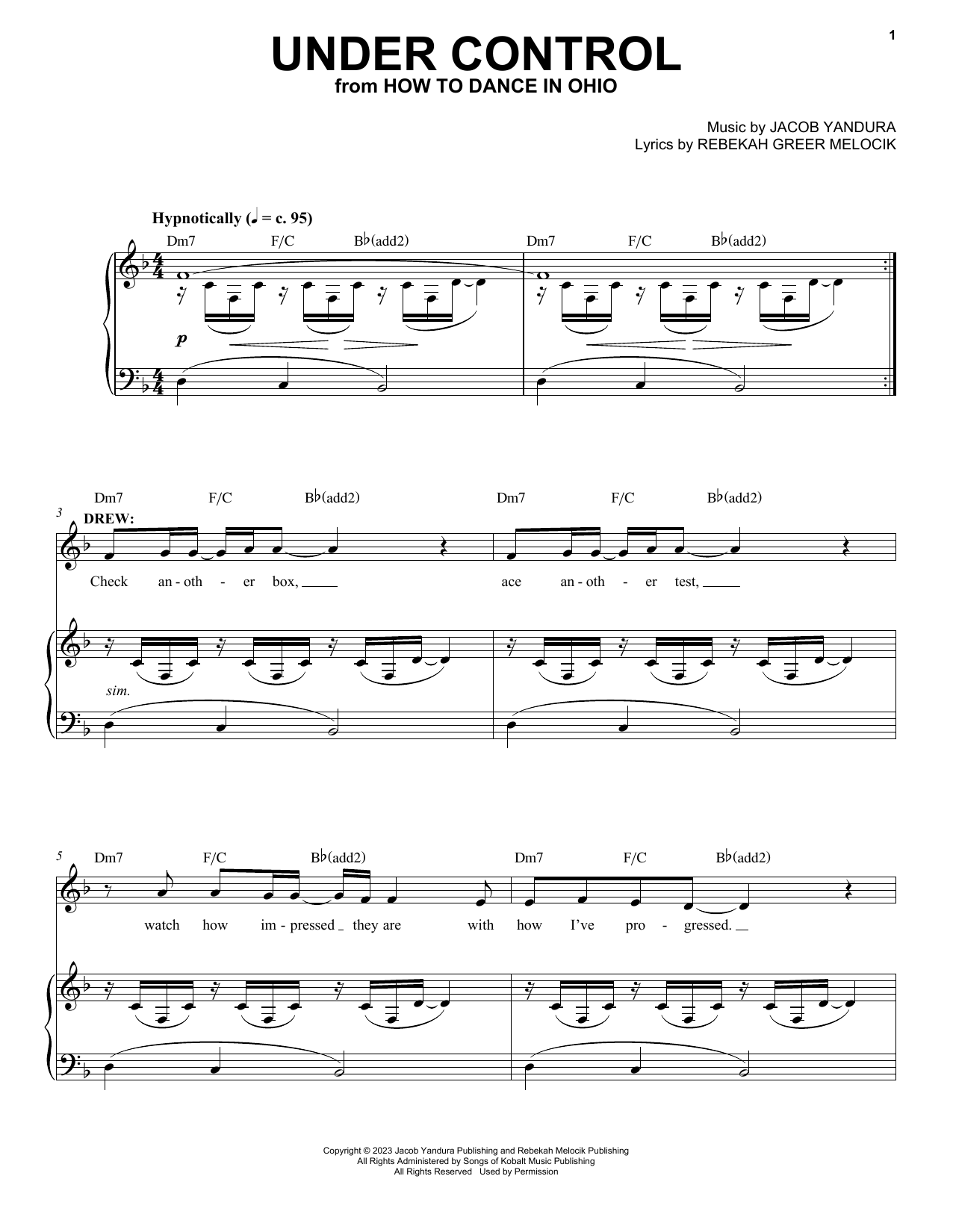 Jacob Yandura & Rebekah Greer Melocik Under Control (from How To Dance In Ohio) sheet music notes and chords arranged for Piano & Vocal