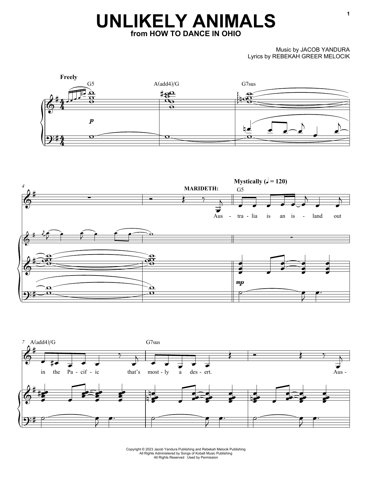 Jacob Yandura & Rebekah Greer Melocik Unlikely Animals (from How To Dance In Ohio) sheet music notes and chords arranged for Piano & Vocal