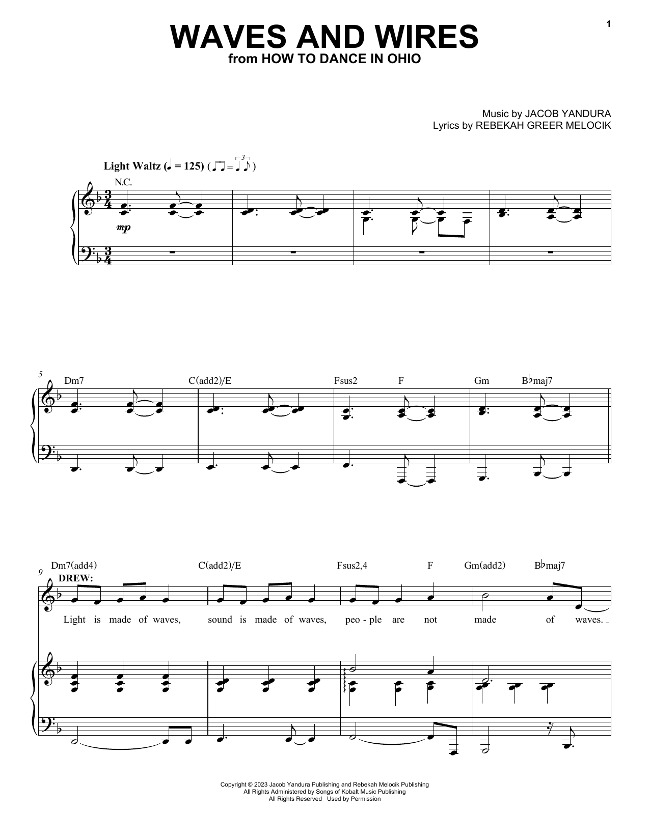 Jacob Yandura & Rebekah Greer Melocik Waves And Wires (from How To Dance In Ohio) sheet music notes and chords arranged for Piano & Vocal