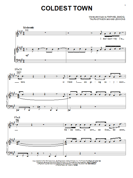 Jacob Latimore Coldest Town sheet music notes and chords arranged for Piano, Vocal & Guitar Chords (Right-Hand Melody)