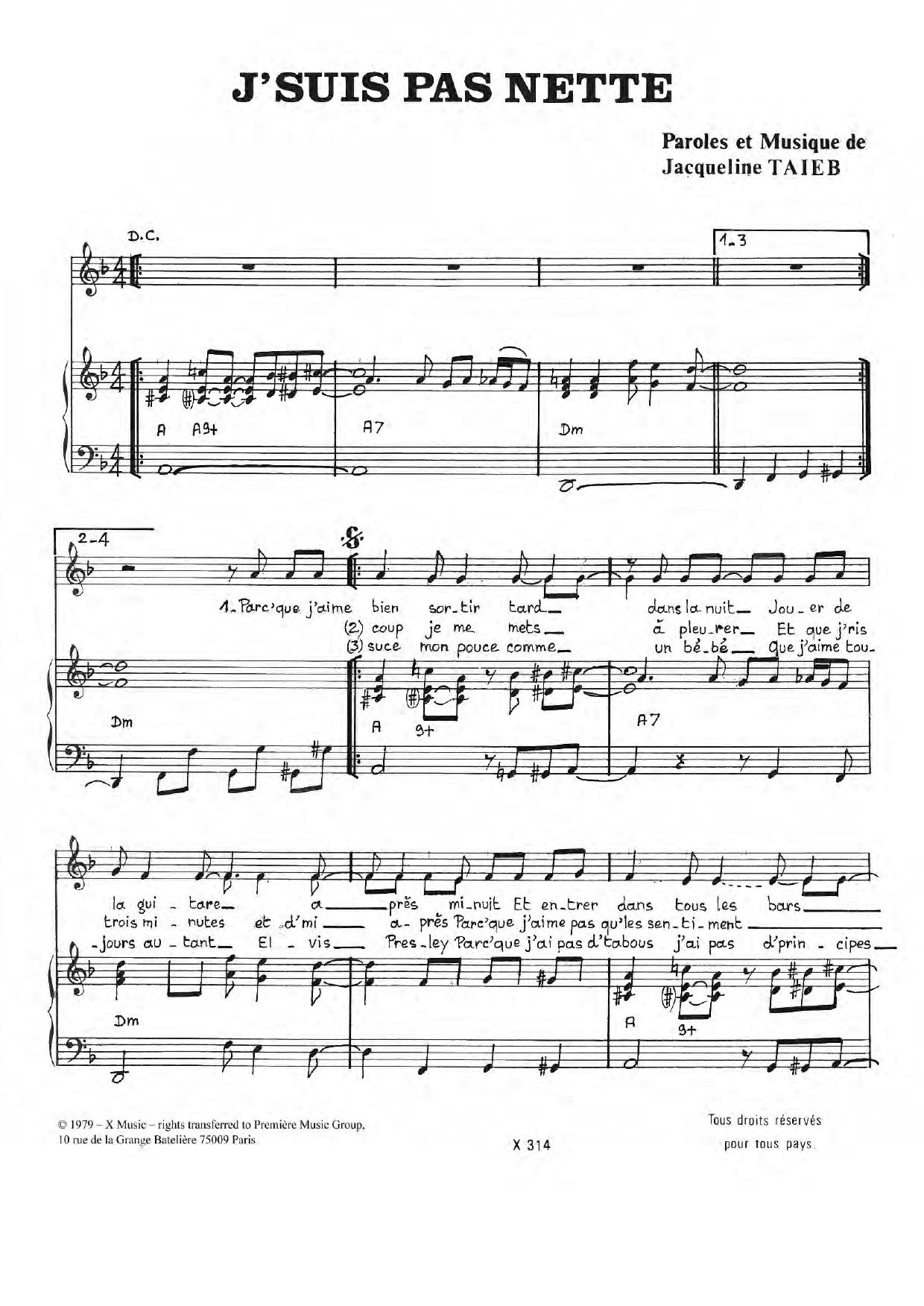 Jacqueline Taieb J'suis Pas Nette sheet music notes and chords arranged for Piano & Vocal