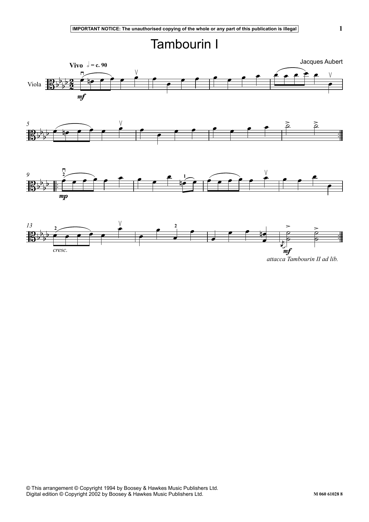 Jacques Aubert Tambourin I sheet music notes and chords arranged for Instrumental Solo