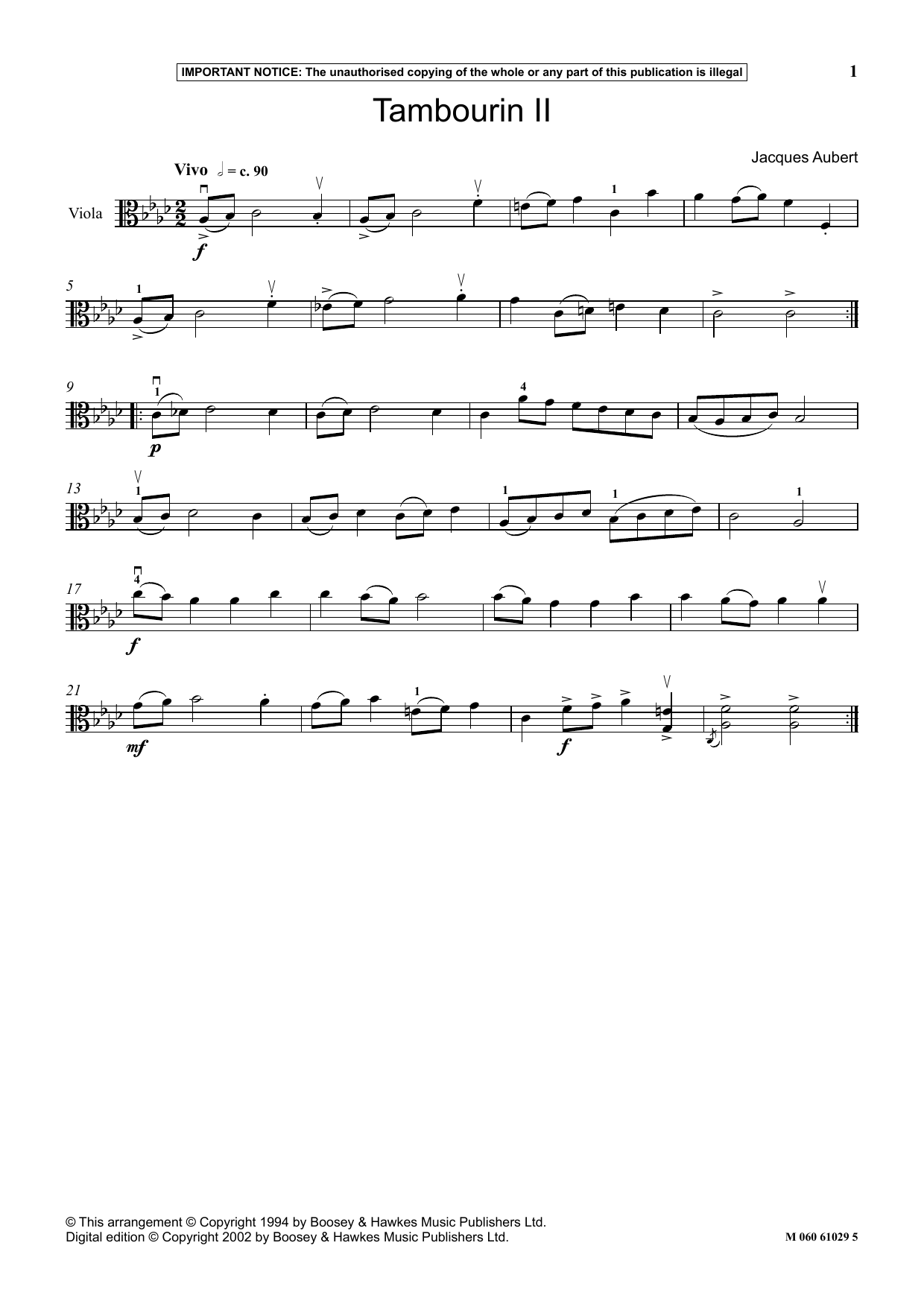 Jacques Aubert Tambourin II sheet music notes and chords arranged for Instrumental Solo