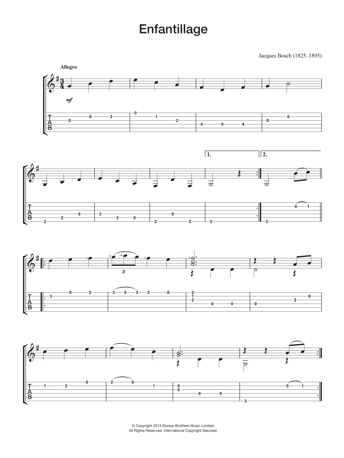 Jacques Bosch Enfantillage sheet music notes and chords arranged for Easy Guitar