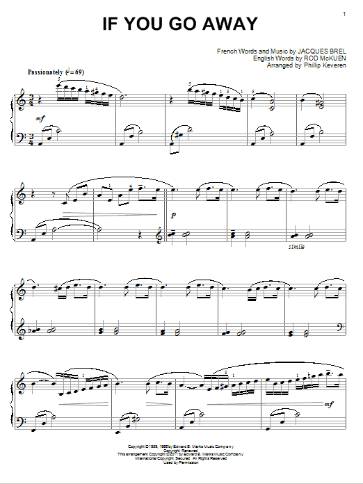 Jacques Brel If You Go Away (arr. Phillip Keveren) sheet music notes and chords arranged for Piano Solo