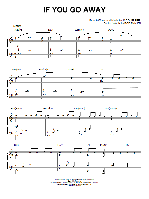 Jacques Brel If You Go Away [Jazz version] (arr. Brent Edstrom) sheet music notes and chords arranged for Piano Solo