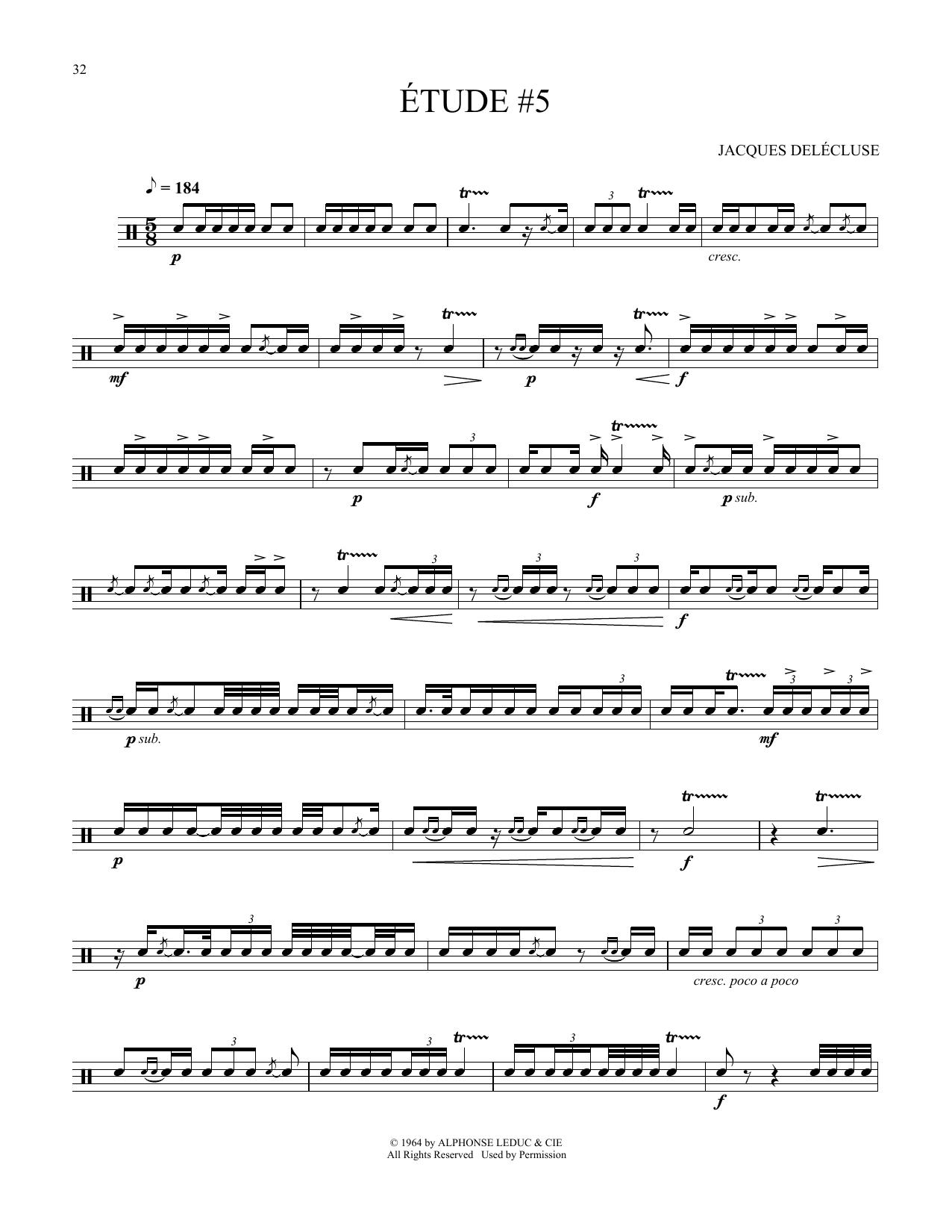 Jacques Delecluse Etude #5 sheet music notes and chords arranged for Snare Drum Solo