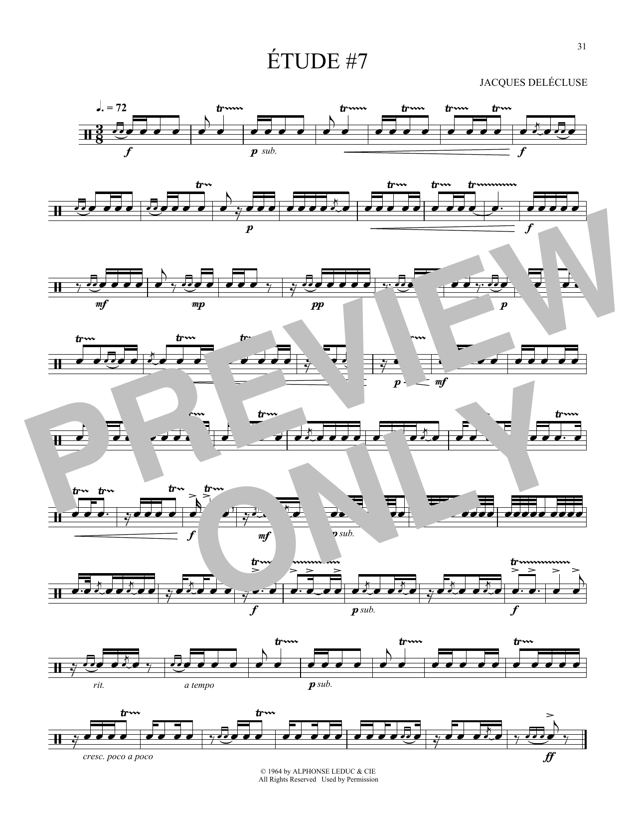 Jacques Delecluse Etude #7 sheet music notes and chords arranged for Snare Drum Solo