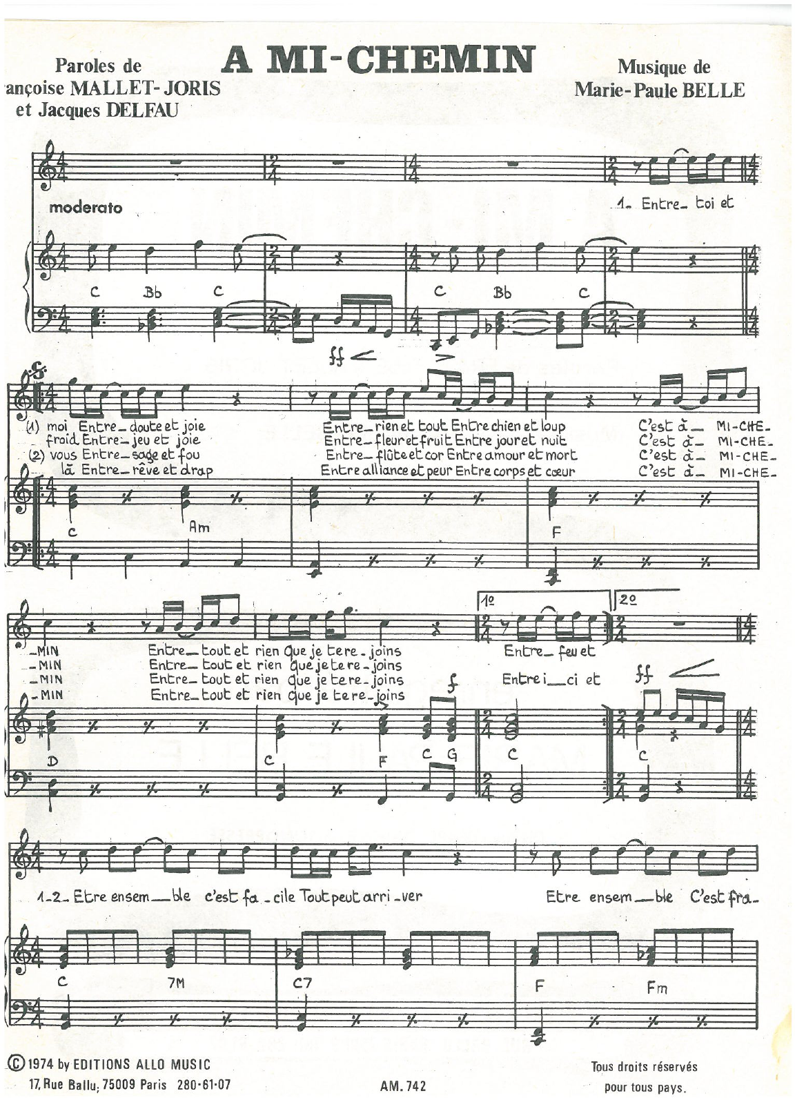 Jacques Delfau, Françoise Mallet-Joris and Marie Paule Belle A Mi-Chemin sheet music notes and chords arranged for Piano & Vocal