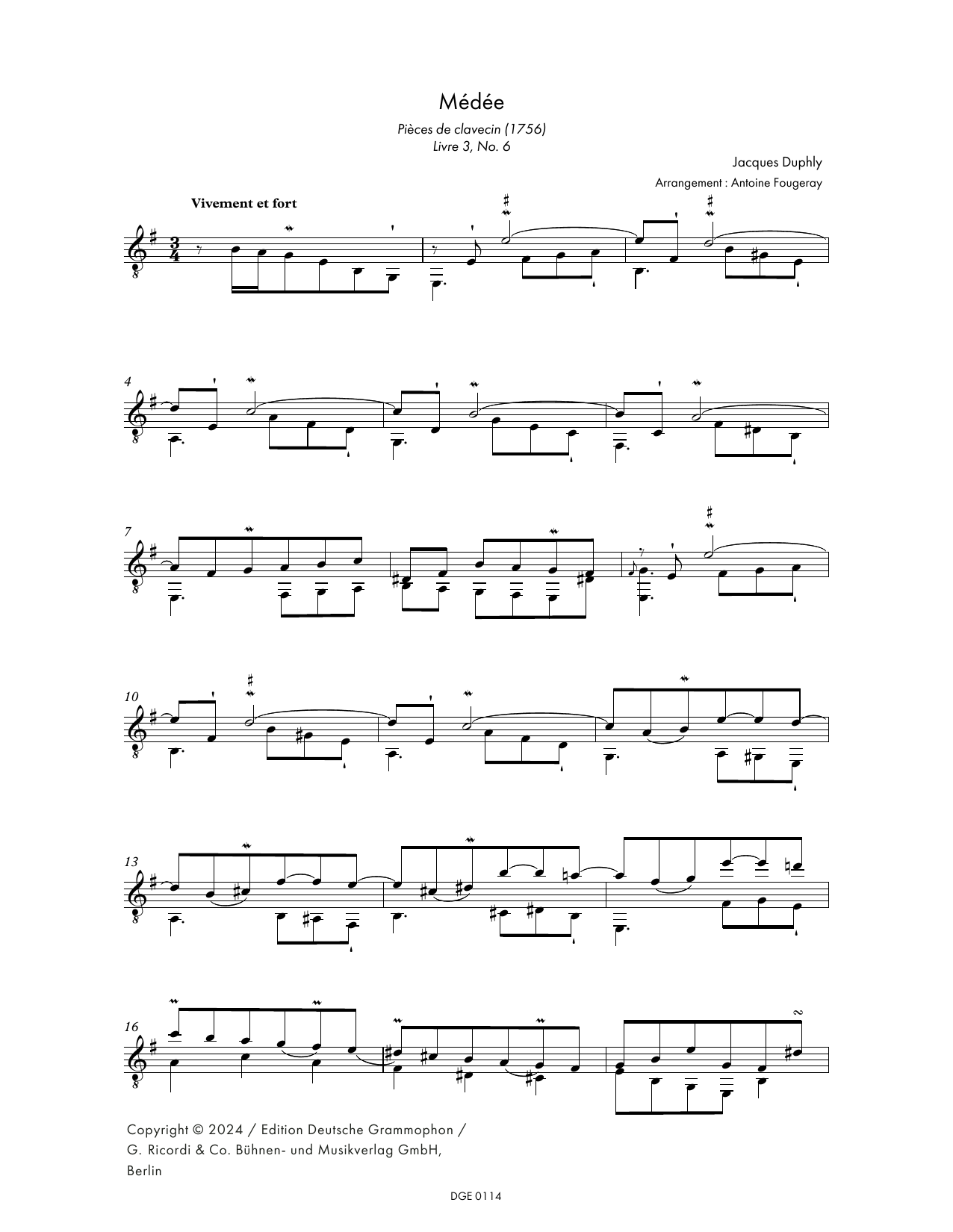 Jacques Duphly Médée (arr. Antoine Fourgeray) sheet music notes and chords arranged for Solo Guitar