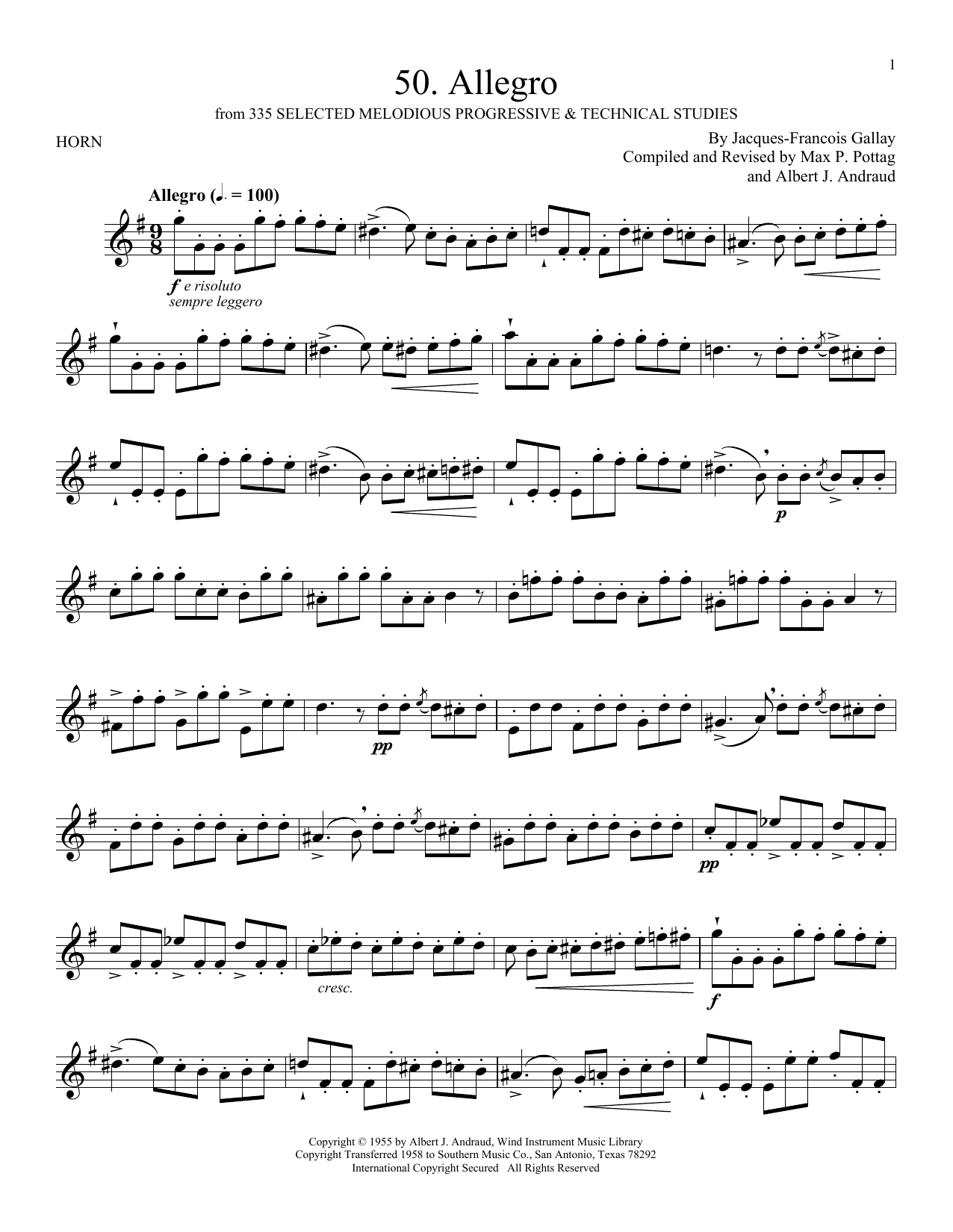 Jacques-Francois Gallay Etude No. 50 sheet music notes and chords arranged for French Horn Solo