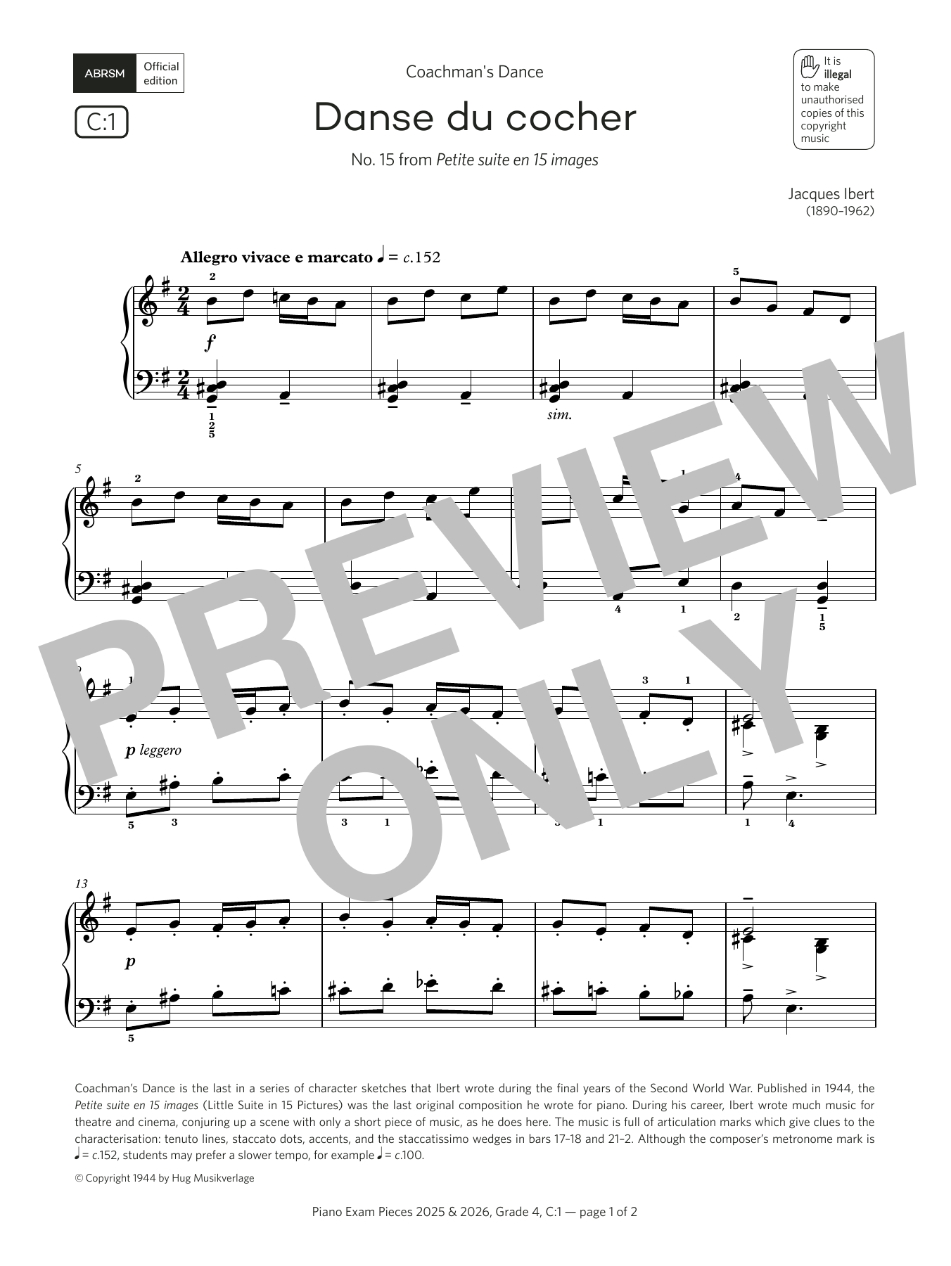 Jacques Ibert Danse du cocher (Grade 4, list C1, from the ABRSM Piano Syllabus 2025 & 2026) sheet music notes and chords arranged for Piano Solo