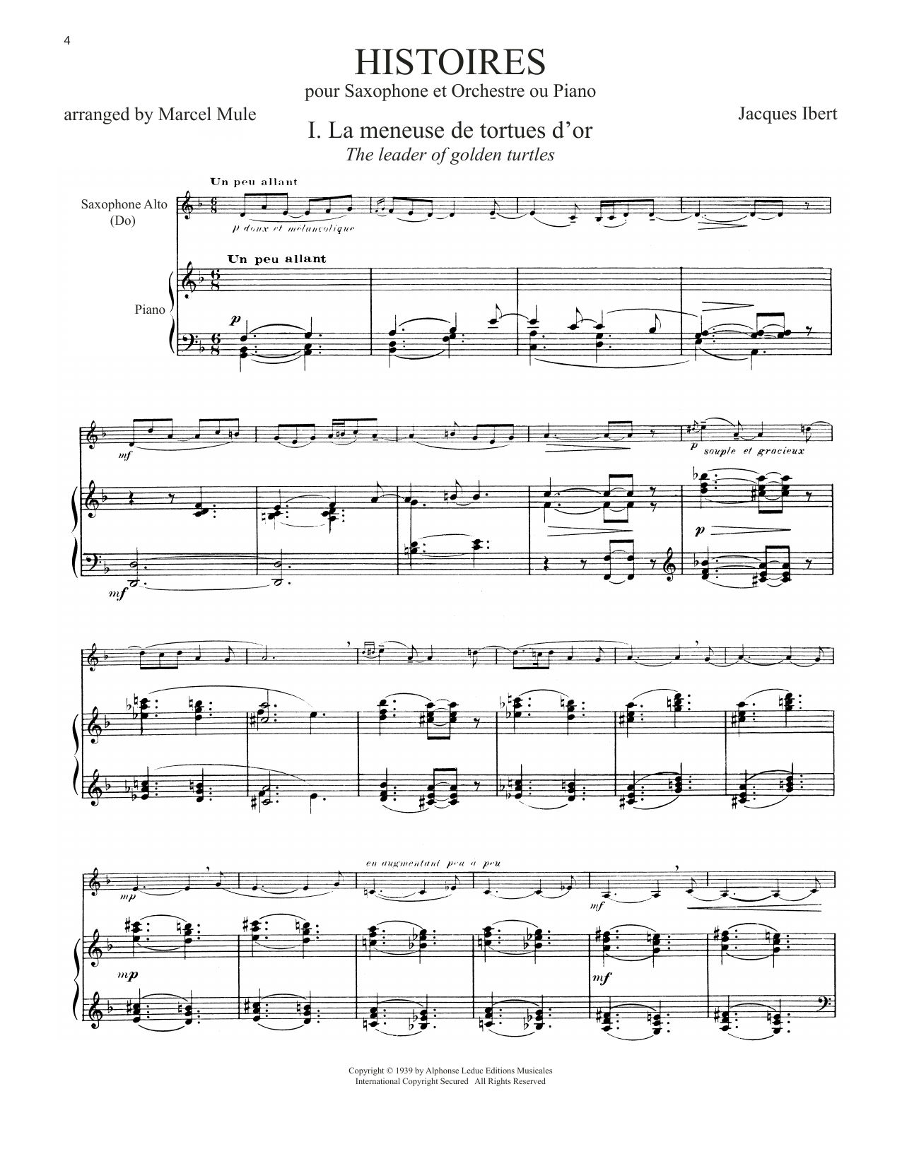 Jacques Ibert Histoires (arr. Marcel Mule) sheet music notes and chords arranged for Alto Sax and Piano