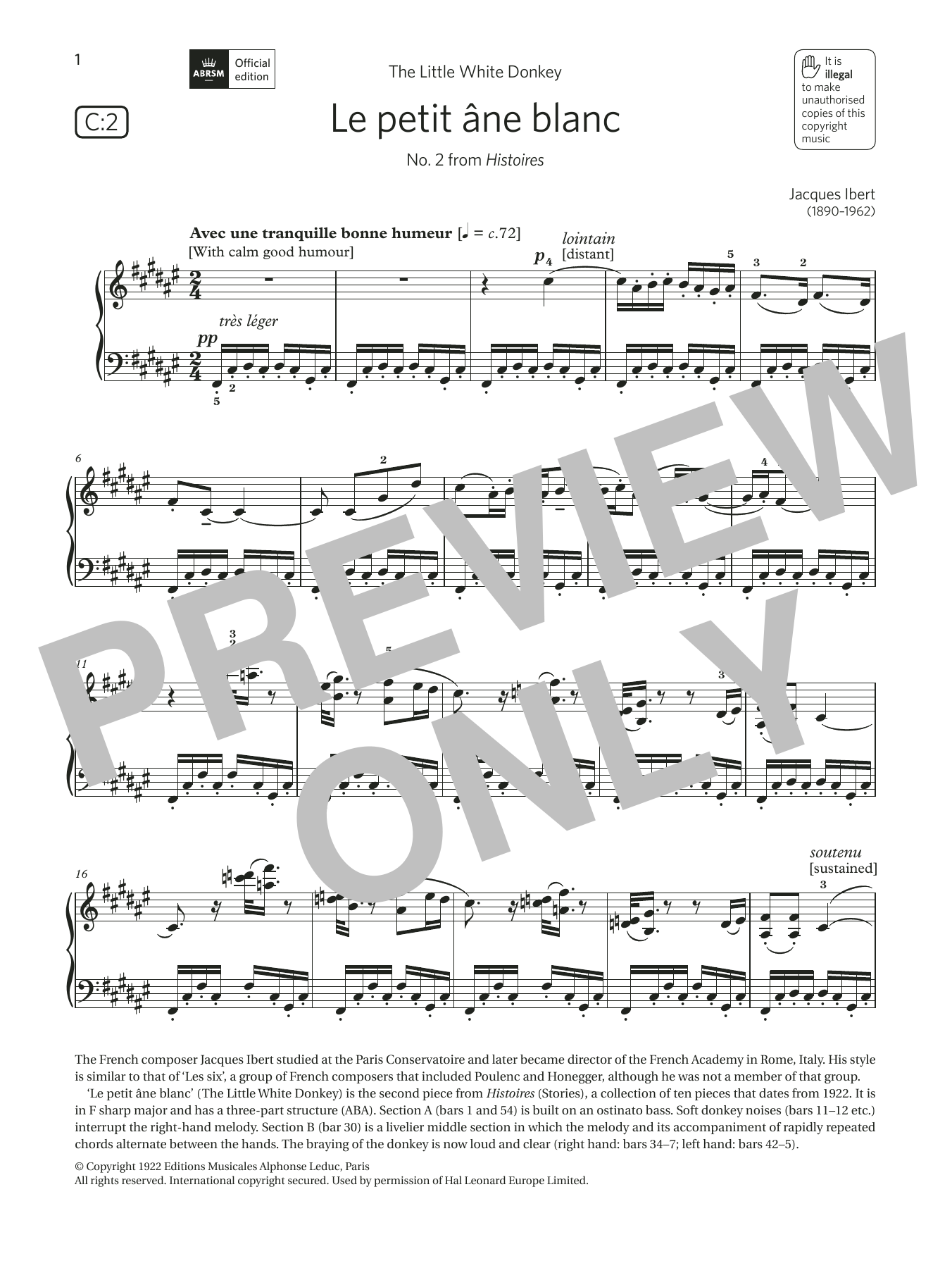 Jacques Ibert Le petit âne blanc (Grade 7, list C2, from the ABRSM Piano Syllabus 2021 & 2022) sheet music notes and chords arranged for Piano Solo