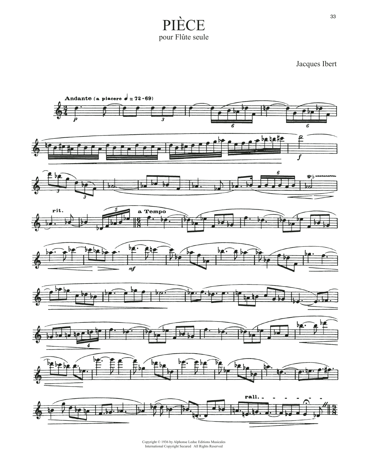 Jacques Ibert Piece Pour Flute Seule sheet music notes and chords arranged for Flute Solo