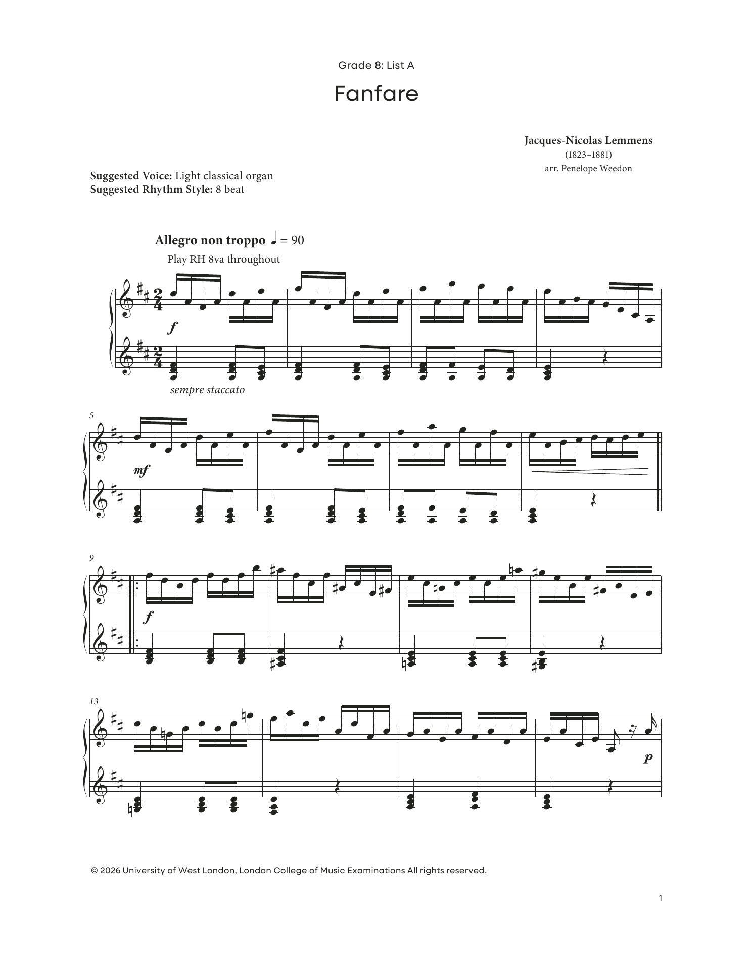 Jacques-Nicolas Lemmens Fanfare (from LCME Electronic Keyboard Grade 8 List A) sheet music notes and chords arranged for Piano Solo