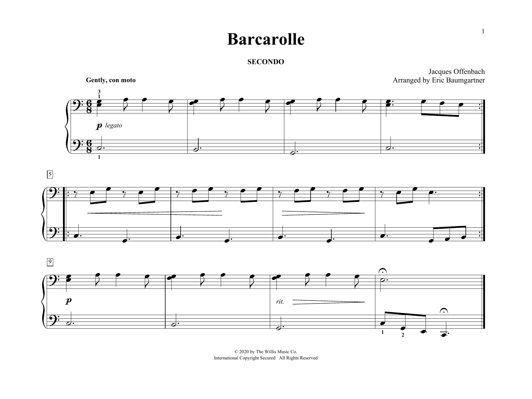Jacques Offenbach Barcarolle (arr. Eric Baumgartner) sheet music notes and chords arranged for Piano Duet
