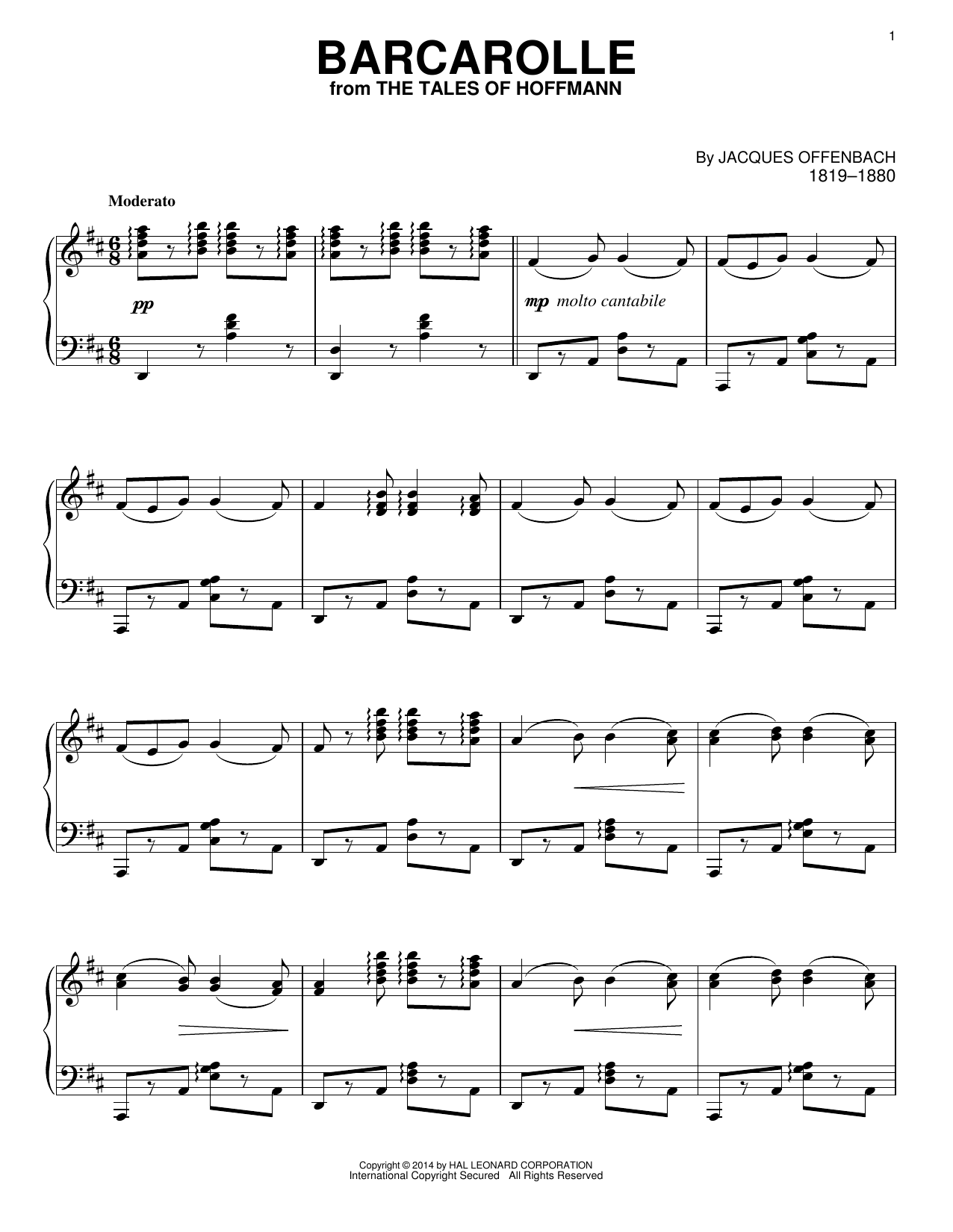 Jacques Offenbach Barcarolle (arr. Richard Walters) sheet music notes and chords arranged for Piano Solo
