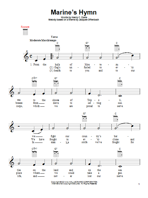 Jacques Offenbach Marine's Hymn sheet music notes and chords arranged for Ukulele