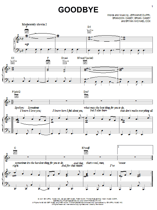 Jagged Edge Goodbye sheet music notes and chords arranged for Piano, Vocal & Guitar Chords (Right-Hand Melody)