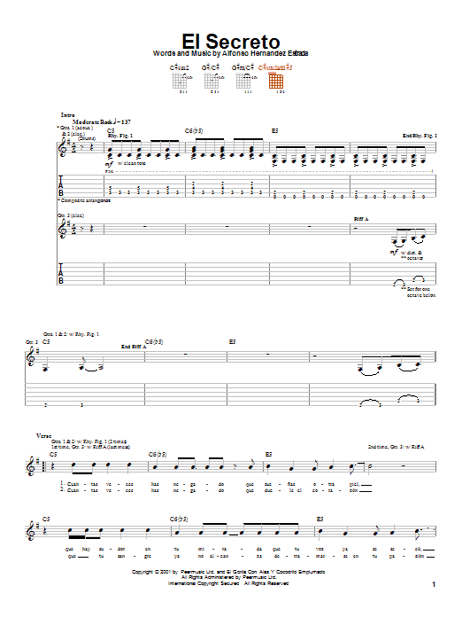 Jaguares El Secreto sheet music notes and chords arranged for Guitar Tab