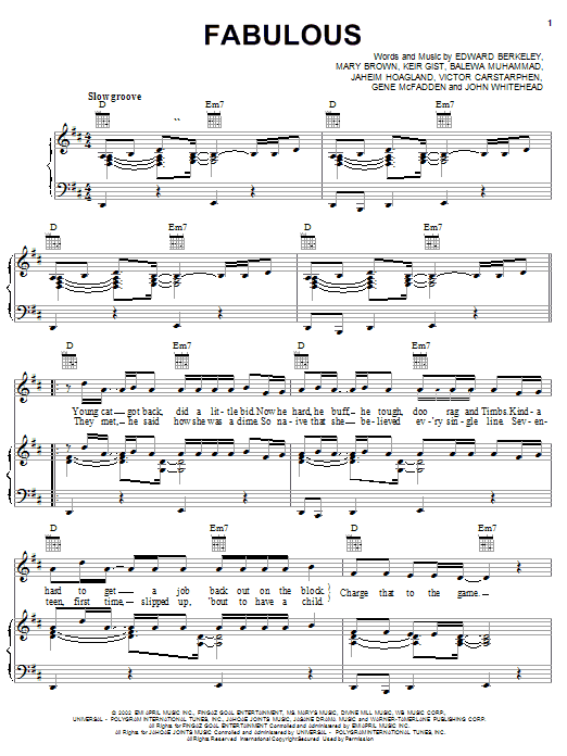 Jaheim Fabulous sheet music notes and chords arranged for Piano, Vocal & Guitar Chords (Right-Hand Melody)