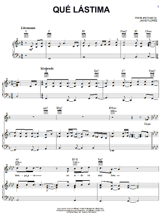 Jaime Flores Que Lastima sheet music notes and chords arranged for Piano, Vocal & Guitar Chords (Right-Hand Melody)