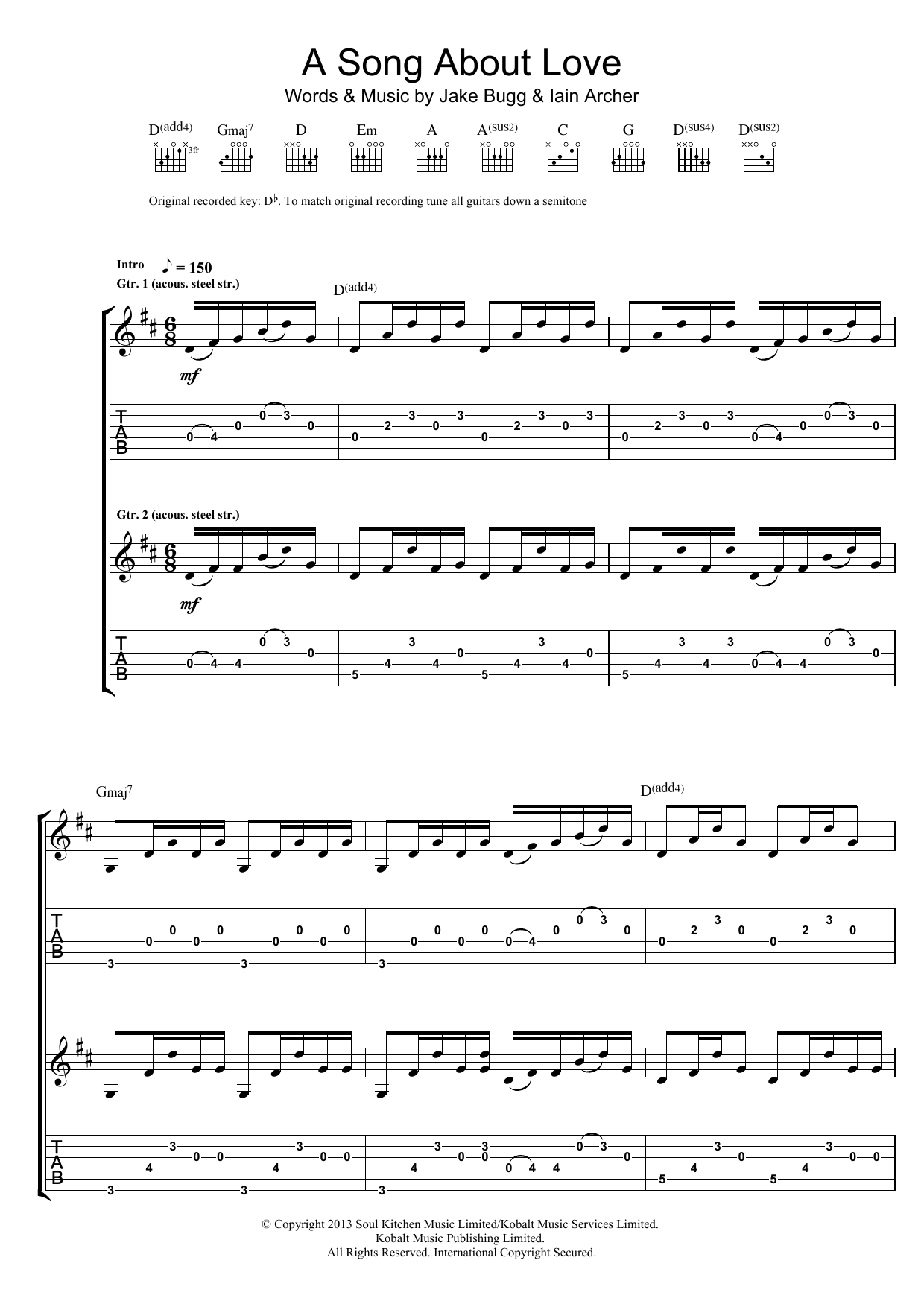 Jake Bugg A Song About Love sheet music notes and chords arranged for Guitar Tab