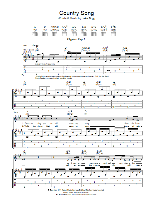 Jake Bugg Country Song sheet music notes and chords arranged for Guitar Tab