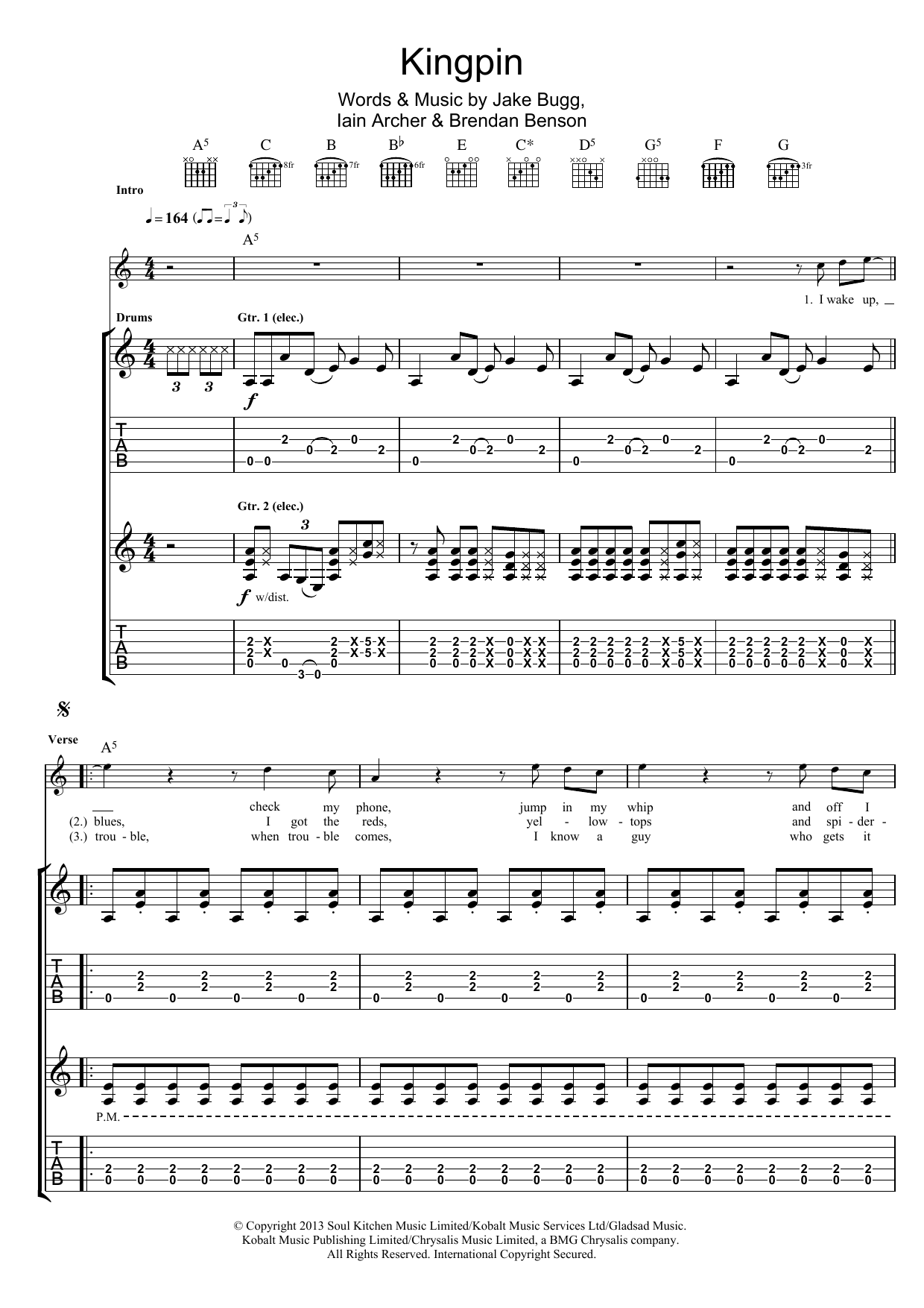 Jake Bugg Kingpin sheet music notes and chords arranged for Guitar Tab