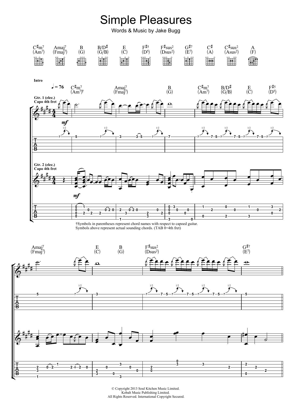 Jake Bugg Simple Pleasures sheet music notes and chords arranged for Guitar Tab