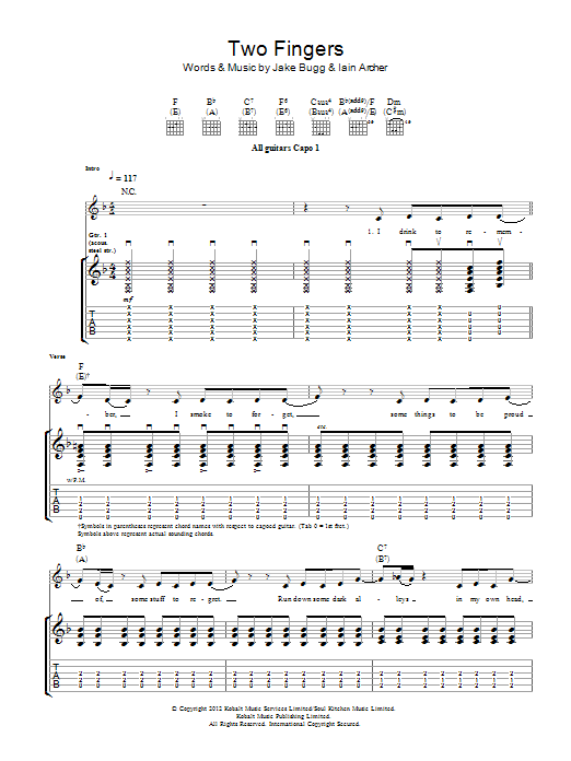 Jake Bugg Two Fingers sheet music notes and chords arranged for Piano, Vocal & Guitar Chords