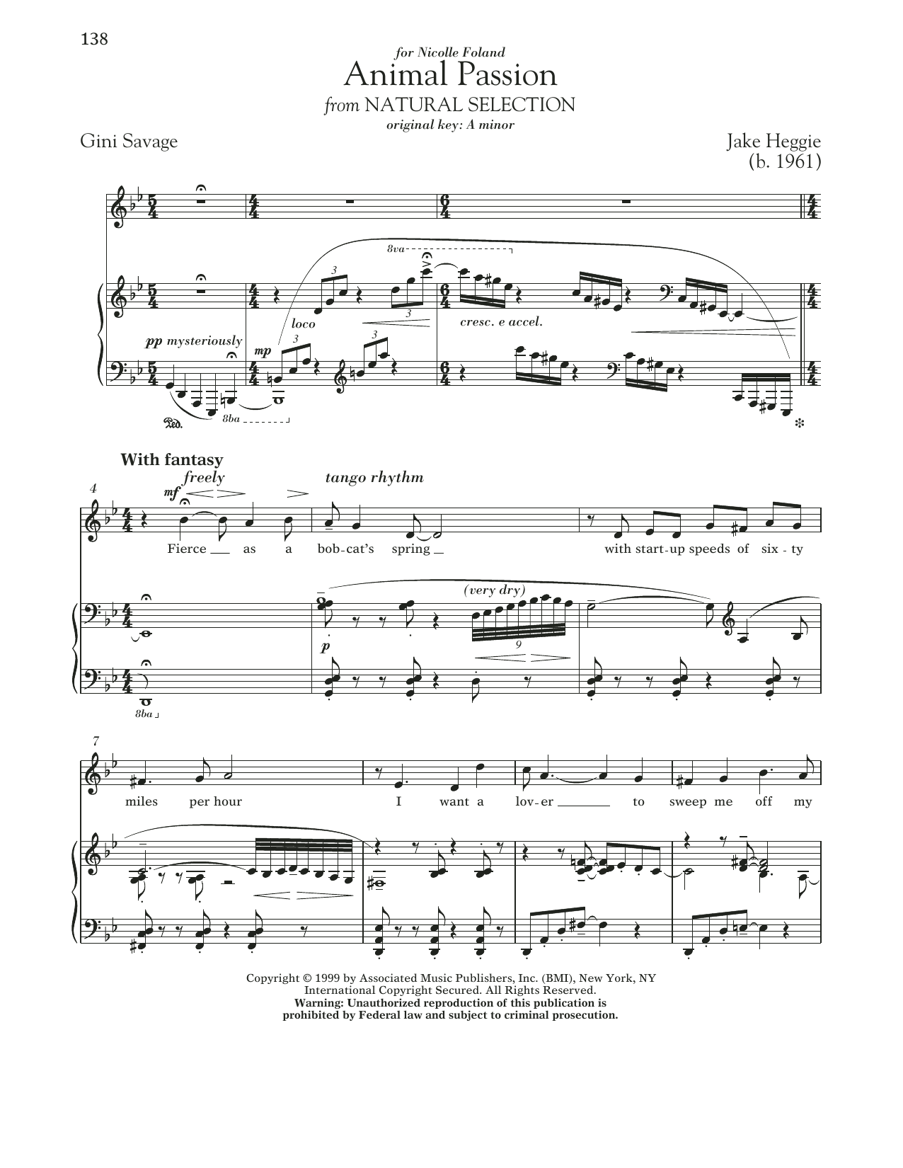 Jake Heggie Animal Passion sheet music notes and chords arranged for Piano & Vocal