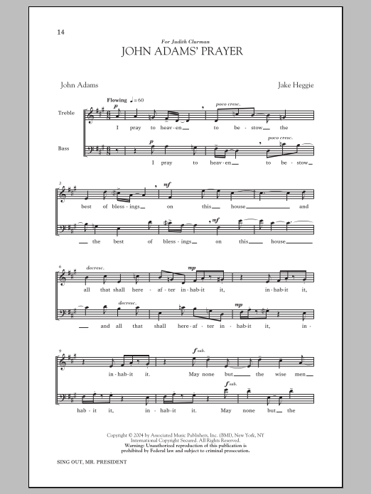 Jake Heggie John Adams' Prayer sheet music notes and chords arranged for Choir