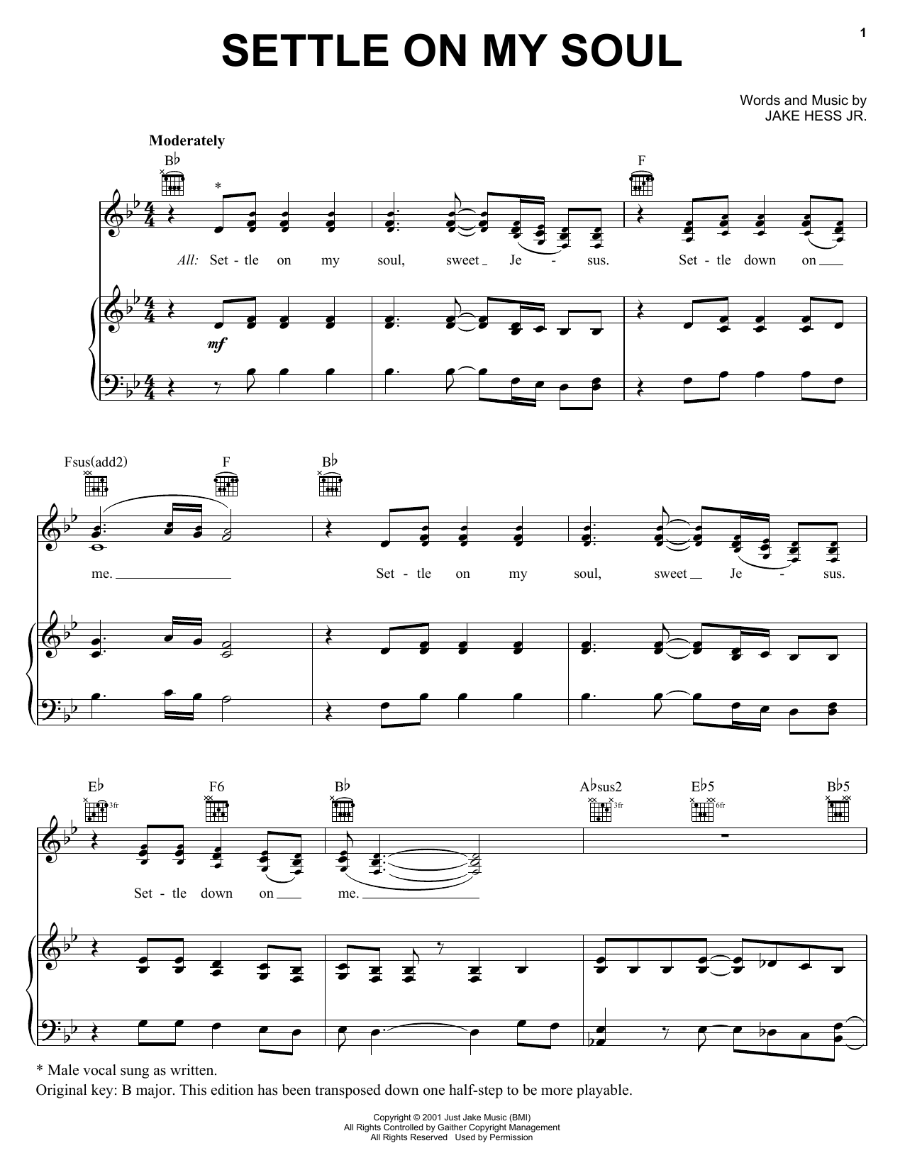 Jake Hess Jr. Settle On My Soul sheet music notes and chords arranged for Piano, Vocal & Guitar Chords (Right-Hand Melody)