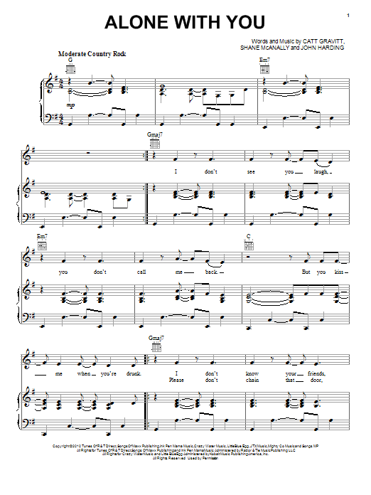 Jake Owen Alone With You sheet music notes and chords arranged for Piano, Vocal & Guitar Chords (Right-Hand Melody)