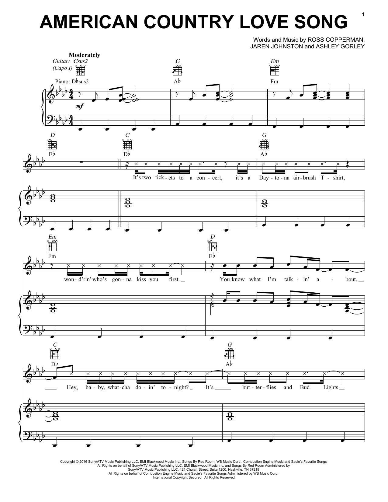 Jake Owen American Country Love Song sheet music notes and chords arranged for Piano, Vocal & Guitar Chords (Right-Hand Melody)