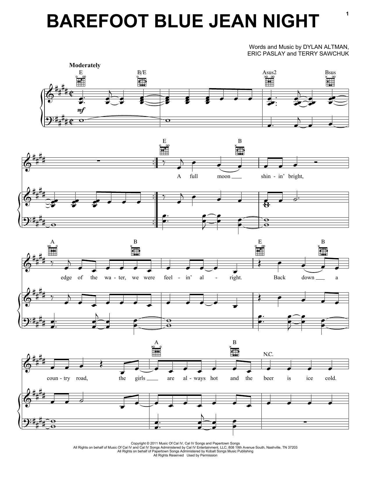 Jake Owen Barefoot Blue Jean Night sheet music notes and chords arranged for Piano, Vocal & Guitar Chords (Right-Hand Melody)