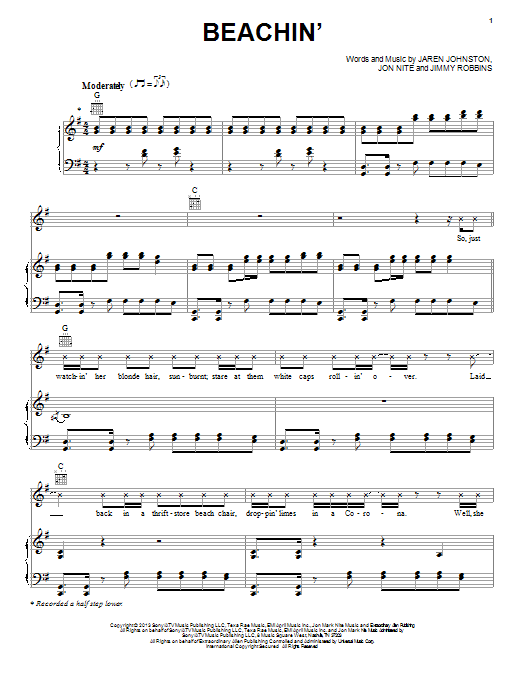 Jake Owen Beachin' sheet music notes and chords arranged for Piano, Vocal & Guitar Chords (Right-Hand Melody)