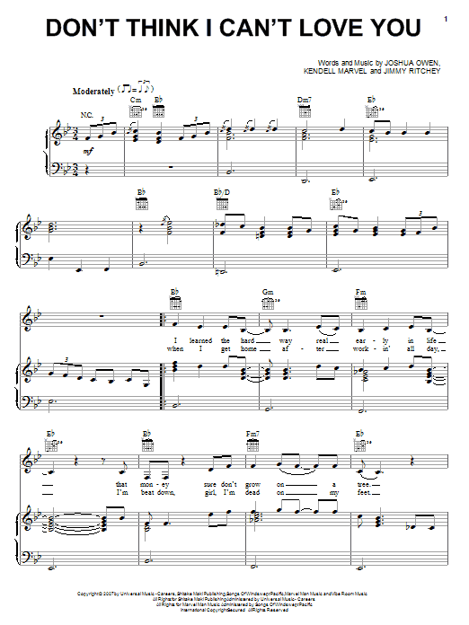 Jake Owen Don't Think I Can't Love You sheet music notes and chords arranged for Piano, Vocal & Guitar Chords (Right-Hand Melody)