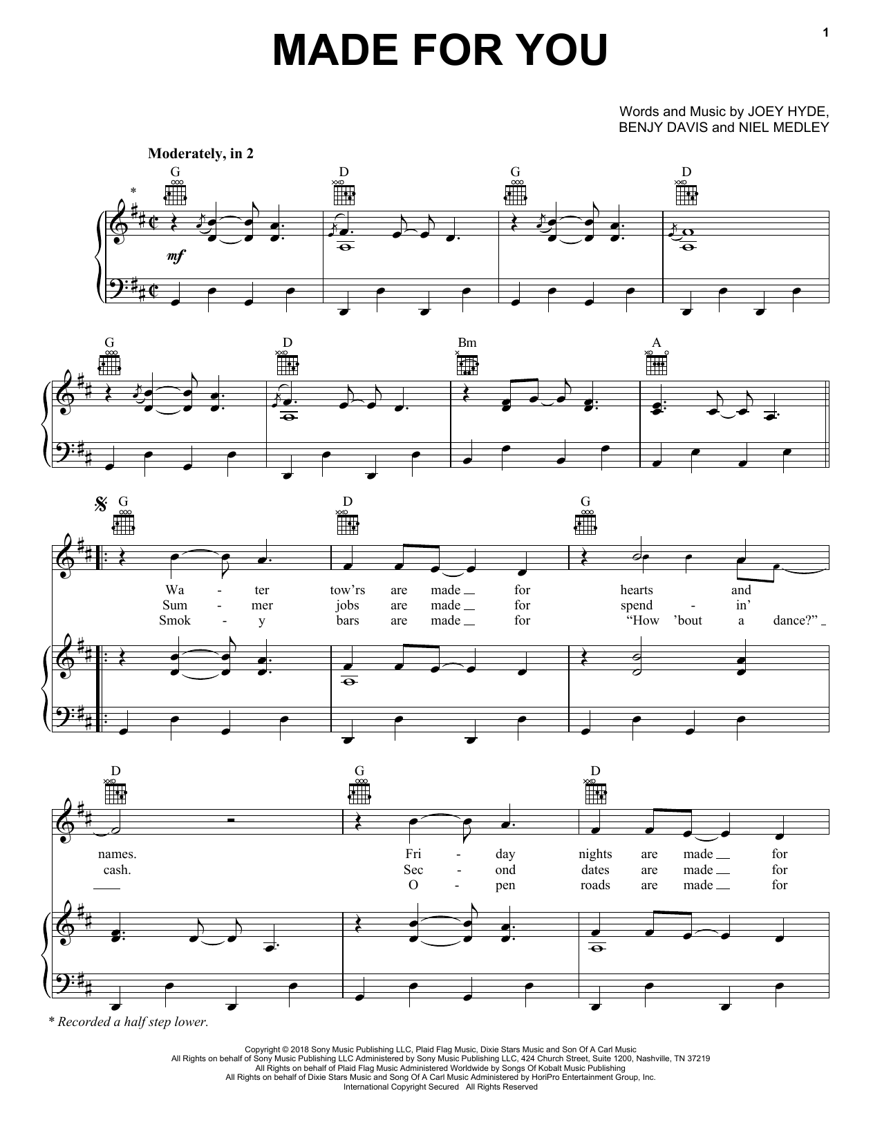 Jake Owen Made For You sheet music notes and chords arranged for Piano, Vocal & Guitar Chords (Right-Hand Melody)