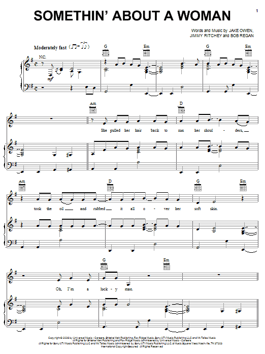 Jake Owen Somethin' About A Woman sheet music notes and chords arranged for Piano, Vocal & Guitar Chords (Right-Hand Melody)