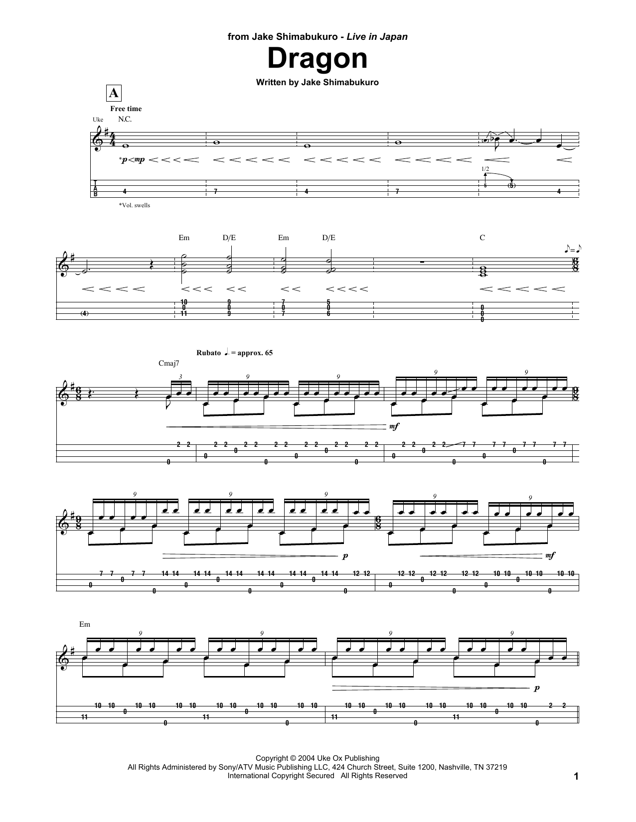 Jake Shimabukuro Dragon sheet music notes and chords arranged for Ukulele Tab