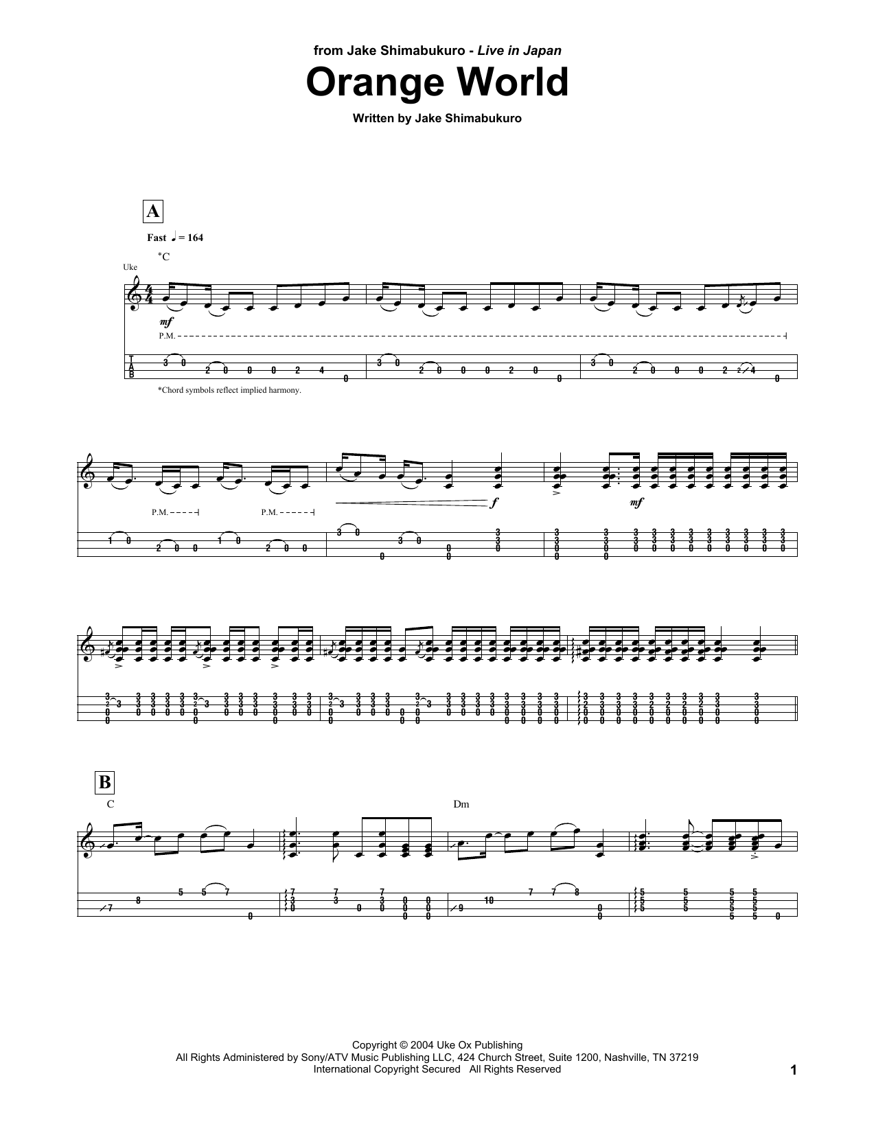 Jake Shimabukuro Orange World sheet music notes and chords arranged for Ukulele Tab